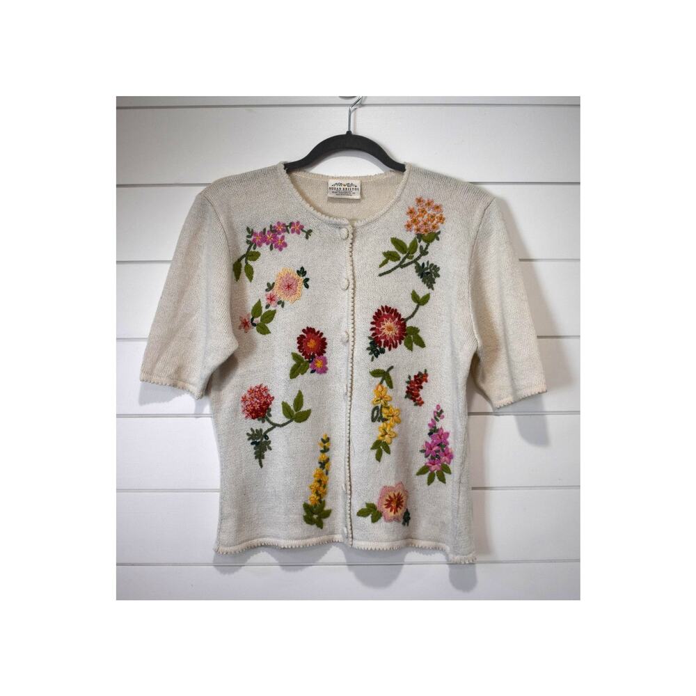 Vintage Susan Bristol Cardigan Sweater Sz Small Cream Floral Knit Embroidery